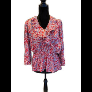 Chaps Blouse Womens Top Size Small Petite Red Paisley Peasant Elastic Waist